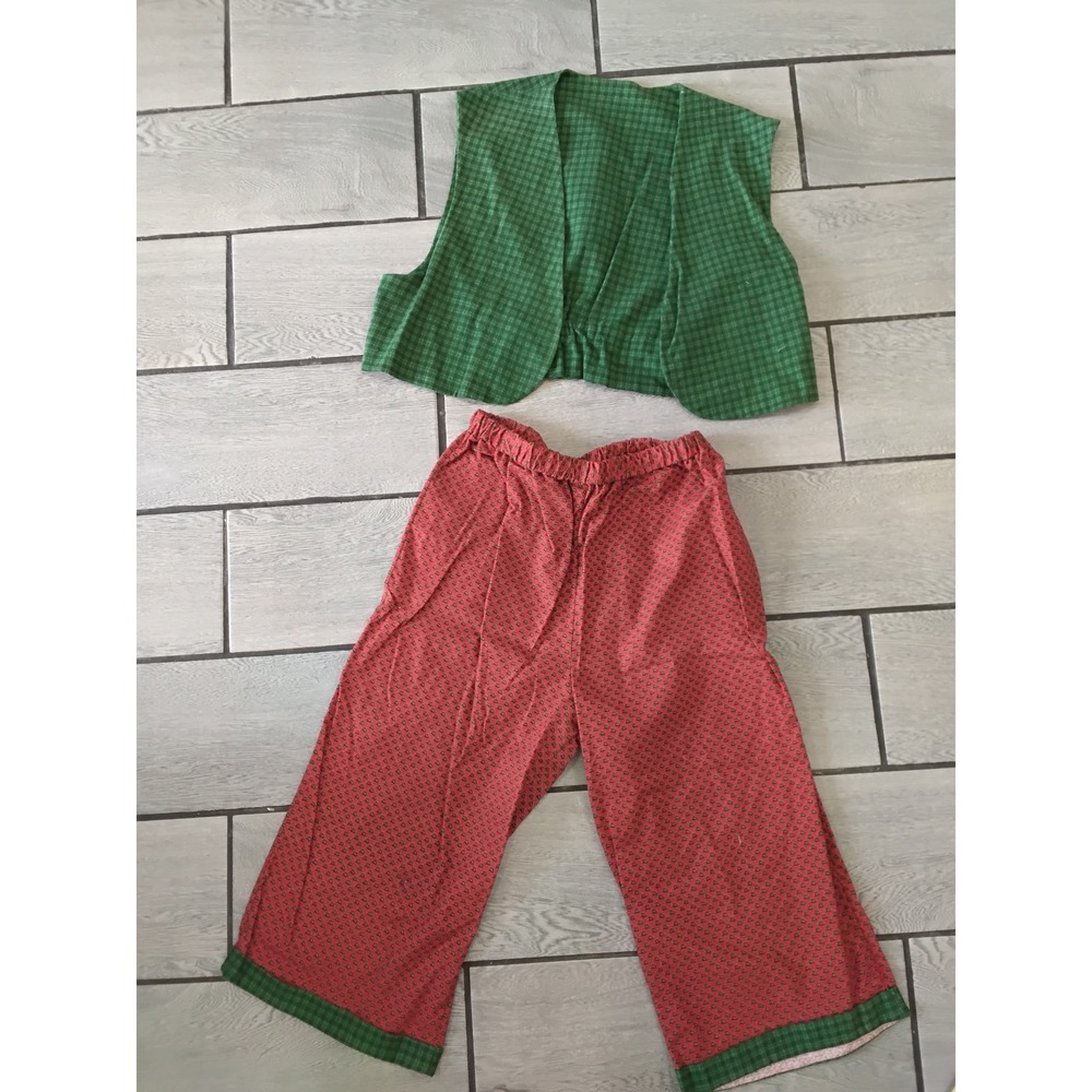 Vintage Handmade 2 Piece Set Green Plaid Vest & Red Heart Print Pants Small